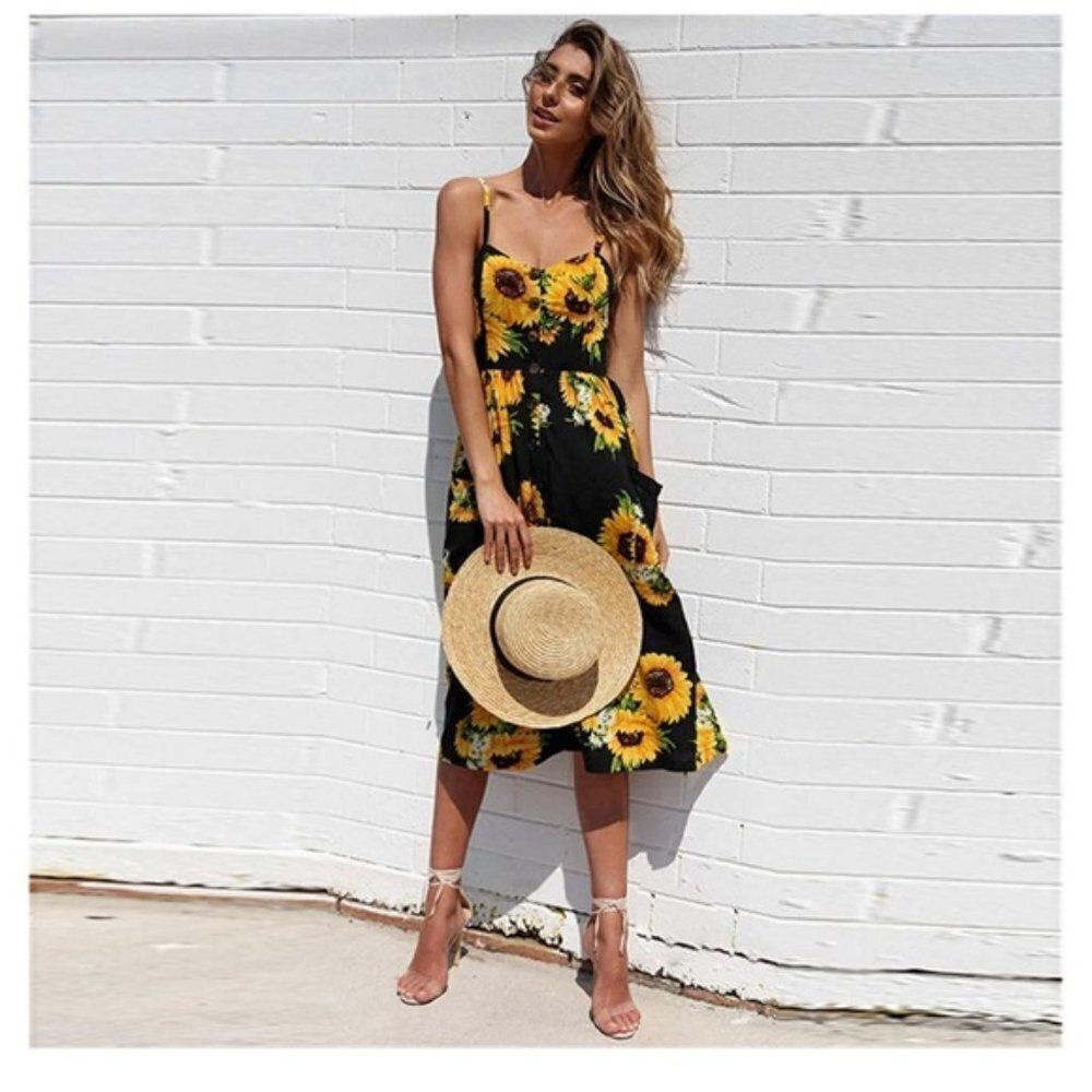 𝅺black midi sunflower sun dress - Picture 3 of 3